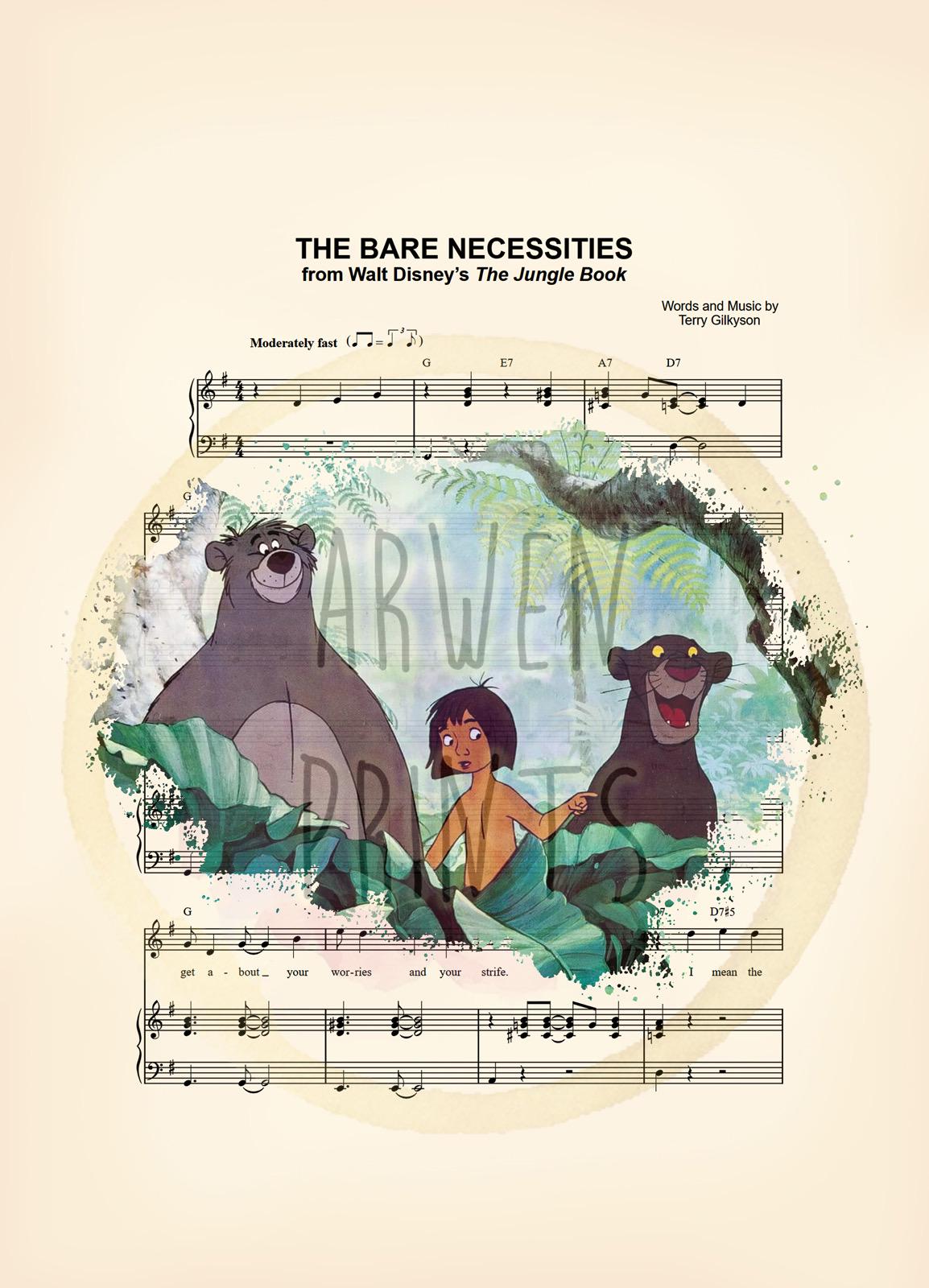 The Jungle Book Mowgli, Baloo and Bagheera The Bare Necessities Sheet Music Wall Art — Disney Gift for Music Lovers