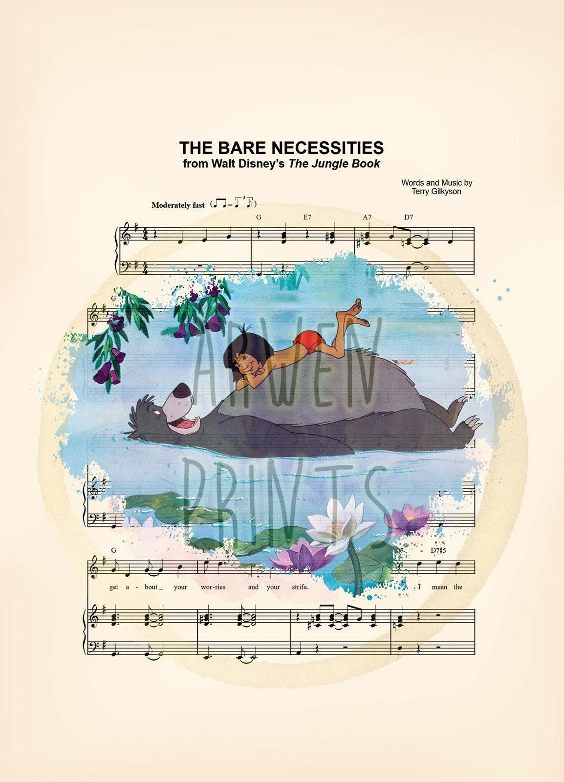The Jungle Book Mowgli and Baloo The Bare Necessities Sheet Music Art Print