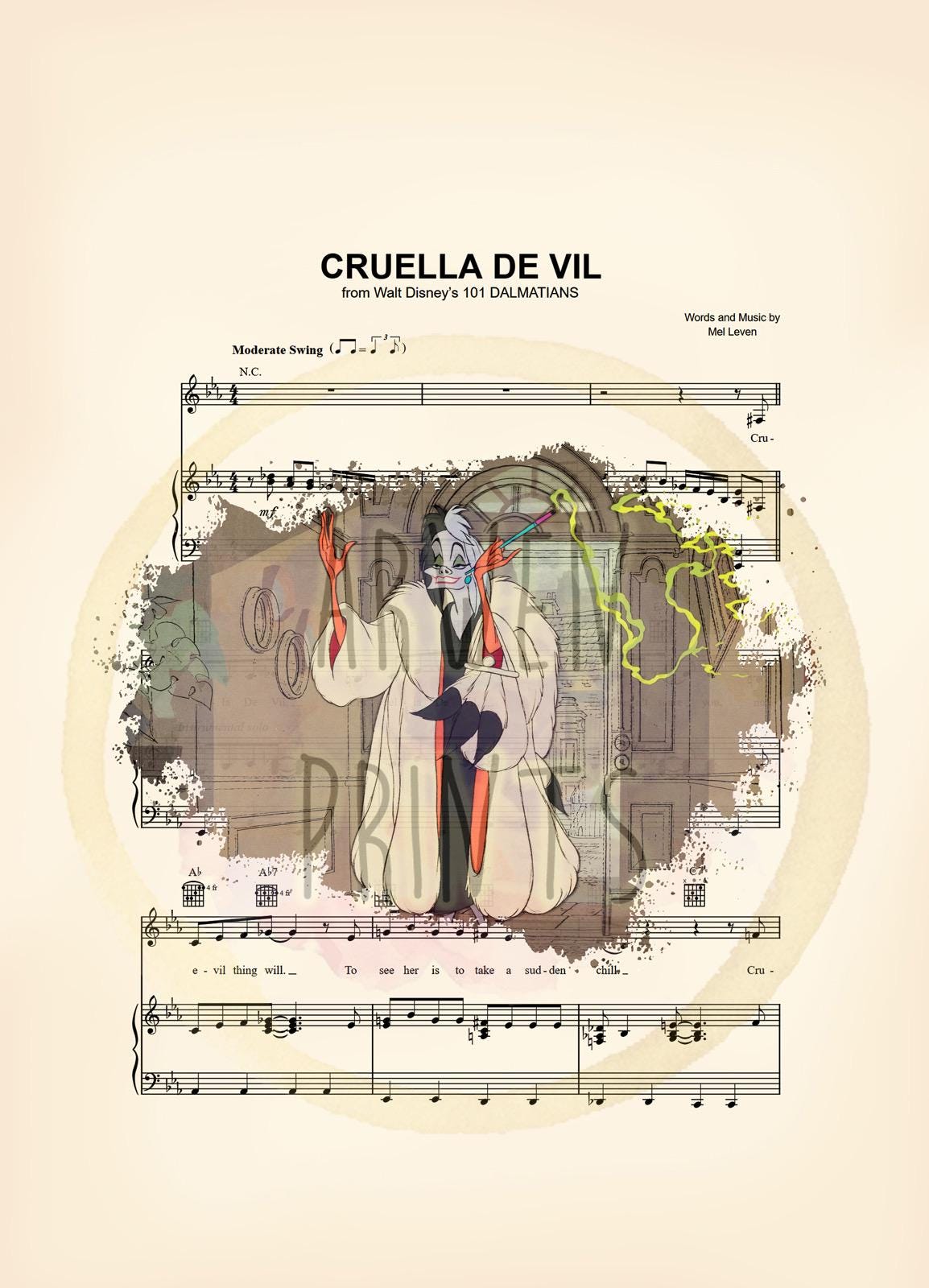 101 Dalmatians Cruella De Vil Sheet Music Art Print