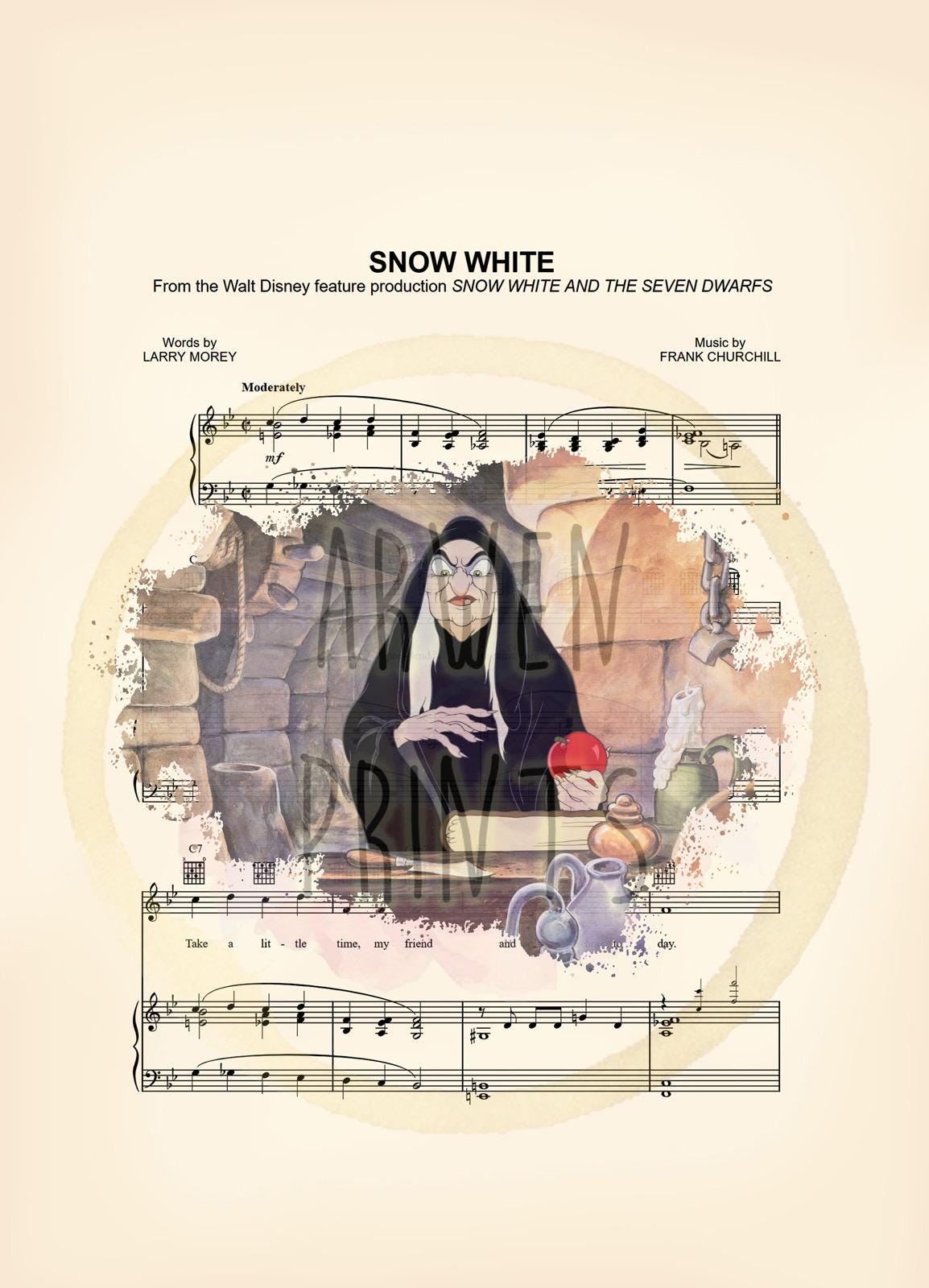 Snow White Evil Queen in Disguise with Red Apple Splatter Sheet Music Art Print