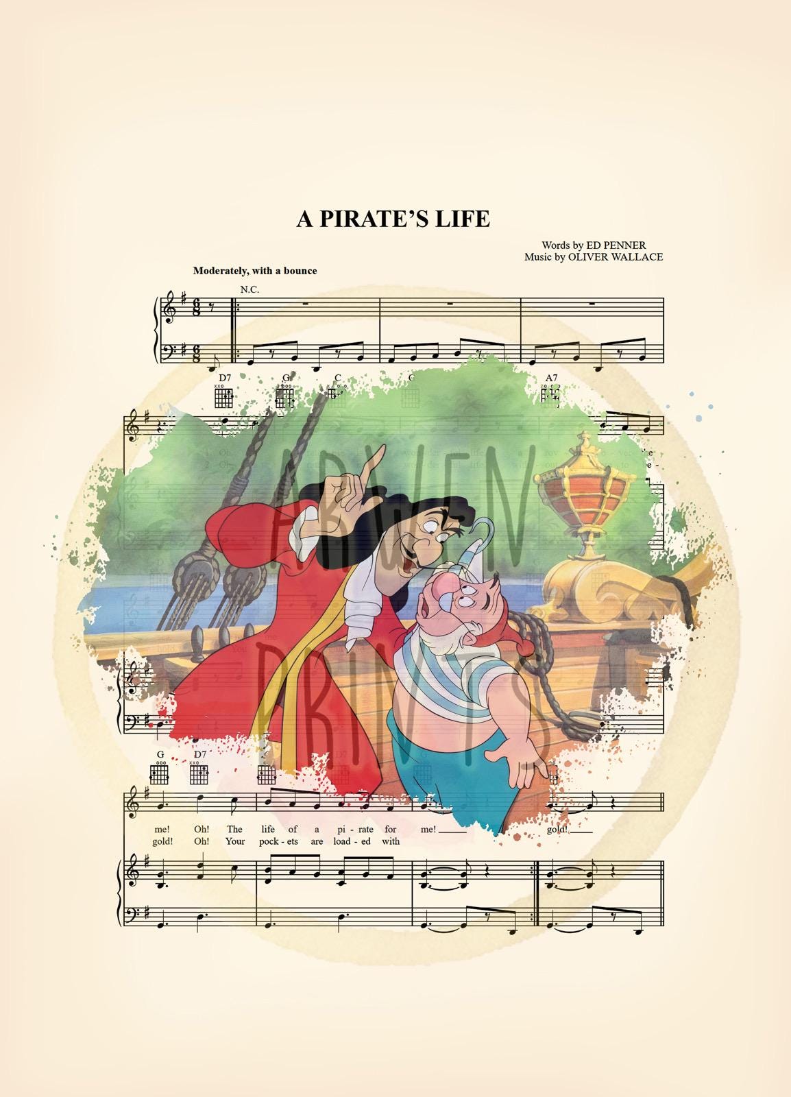 Peter Pan Captain Hook and Mr. Smee A Pirate’s Life Sheet Music Art Print
