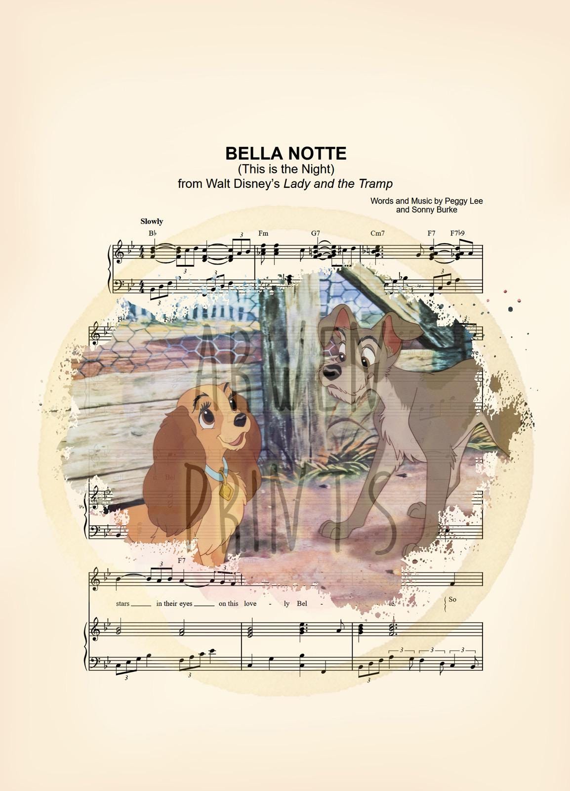 Lady and the Tramp Splatter Bella Notte Sheet Music Art Print