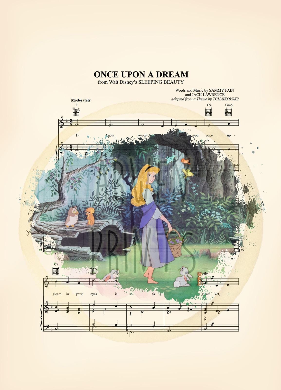 Sleeping Beauty Aurora in the Forest Splatter Sheet Music Art Print