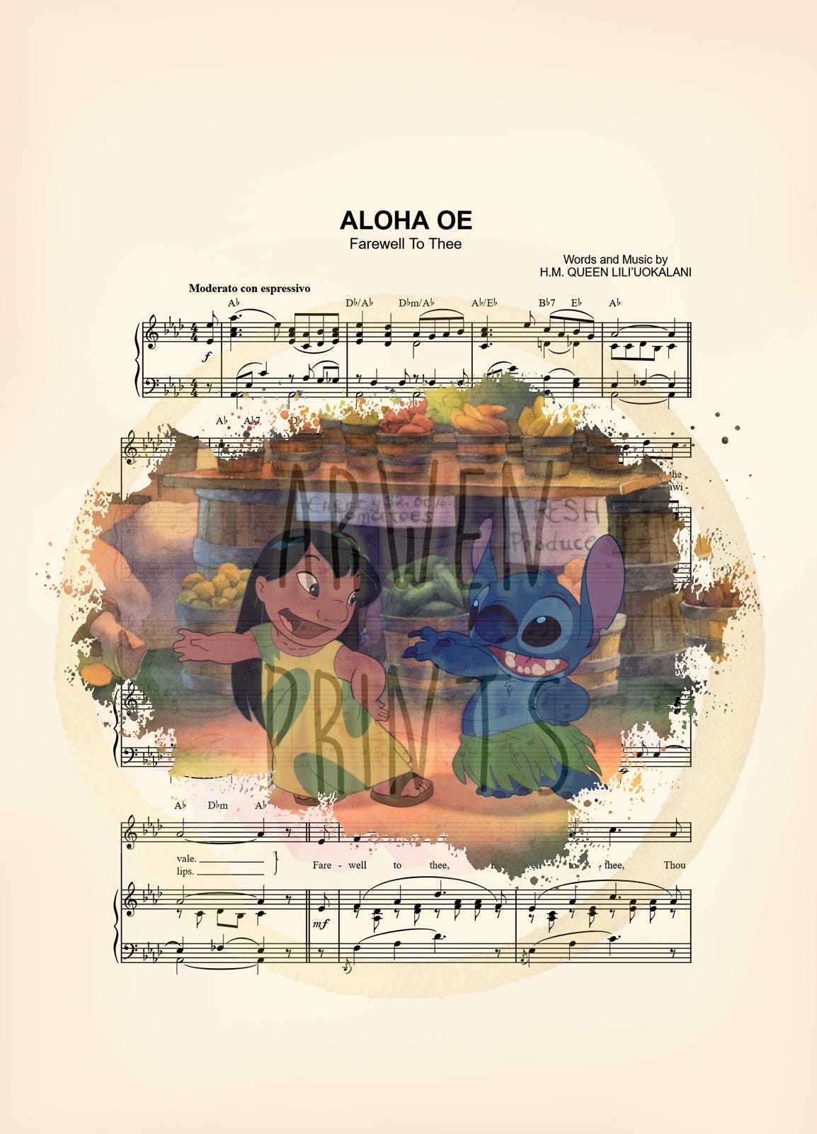 Lilo and Stitch Dance Splatter Aloha Oe Sheet Music Art Print