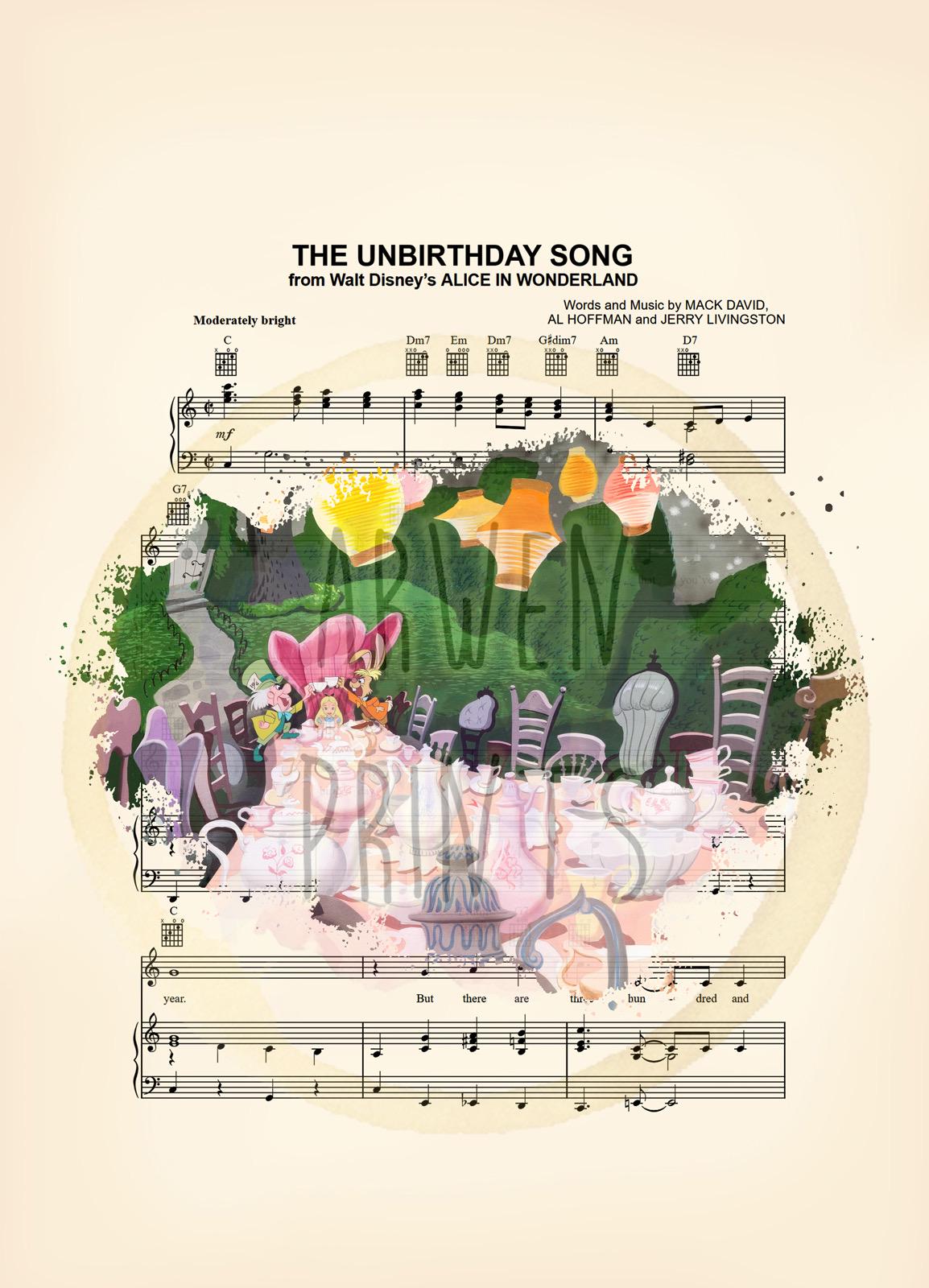 Alice in Wonderland Tea Party Cheers Splatter The Unbirthday Song Sheet Music Art Print