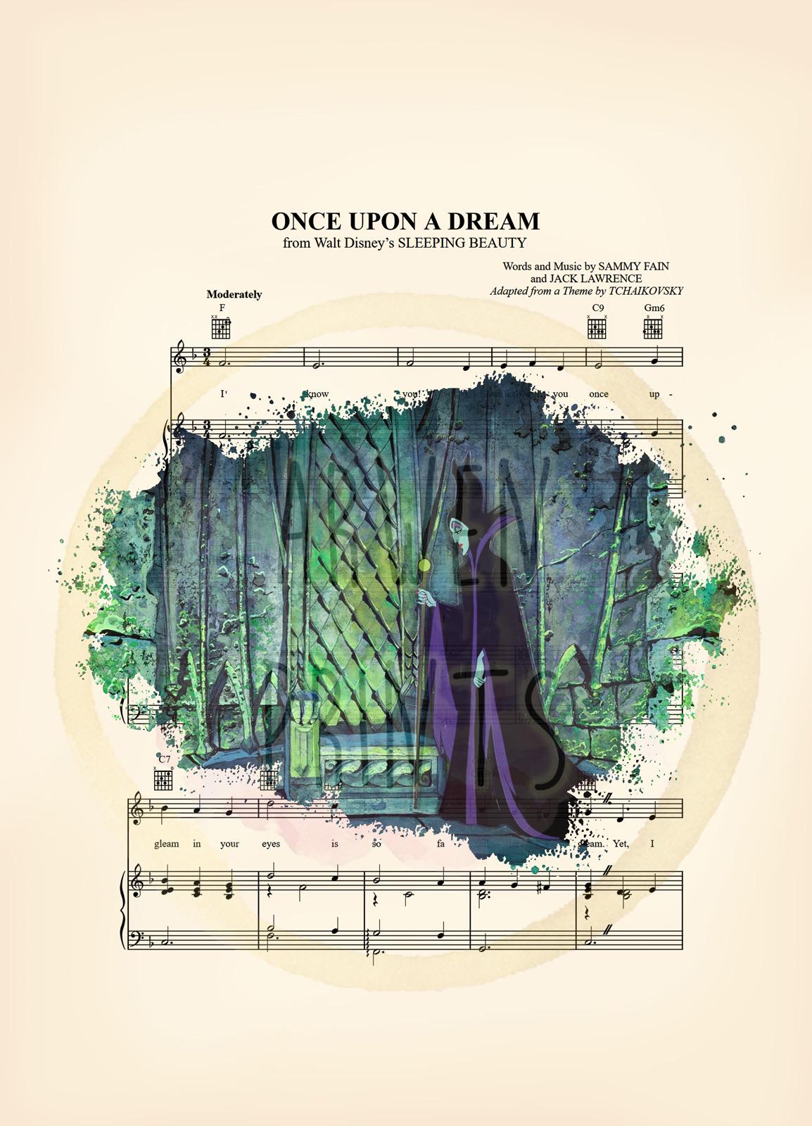 Sleeping Beauty Maleficent in Lair of the Forbidden Mountain Once Upon A Dream Sheet Music Art Print