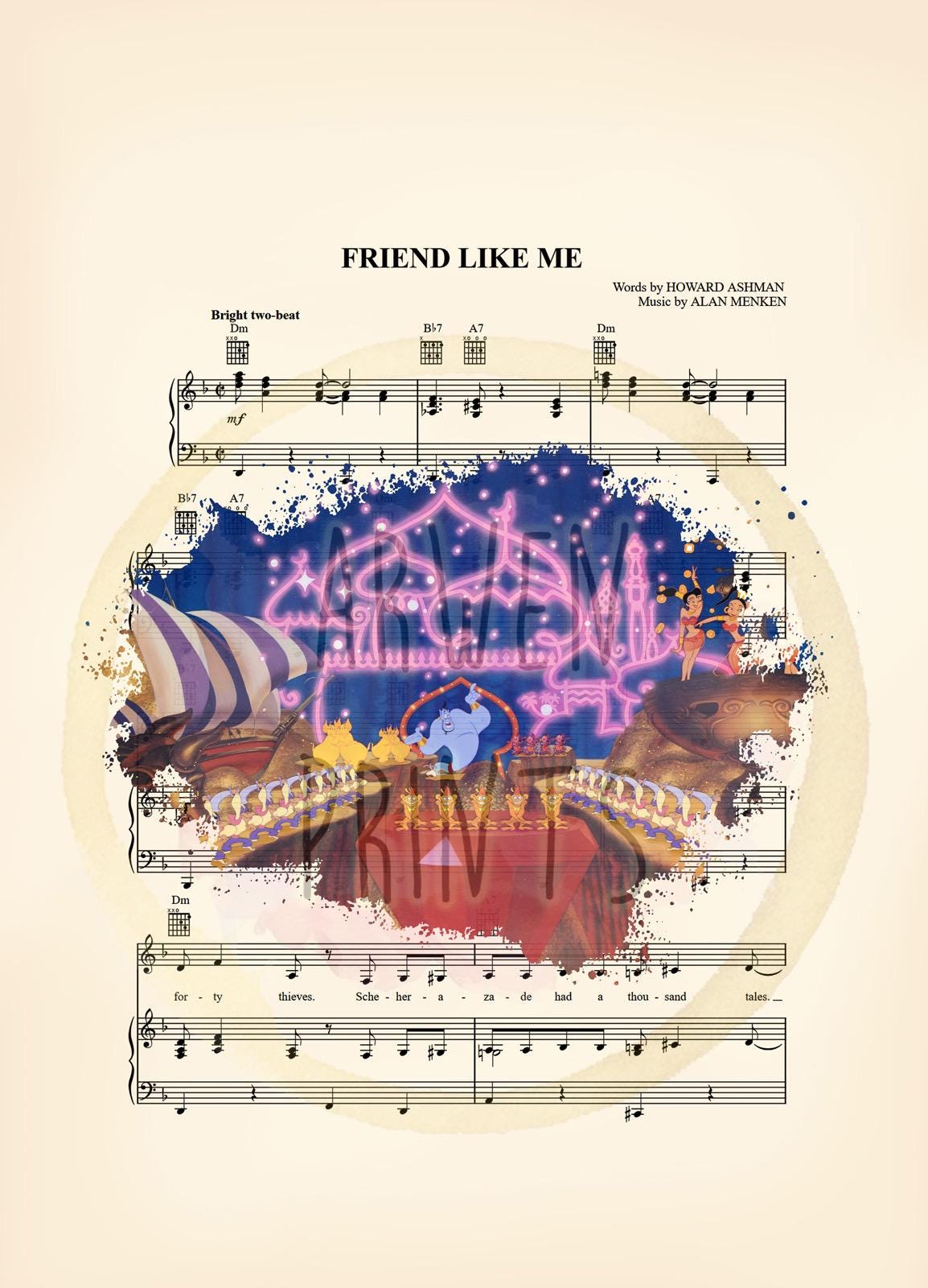 Aladdin Friend Like Me Splatter Sheet Music Art Print