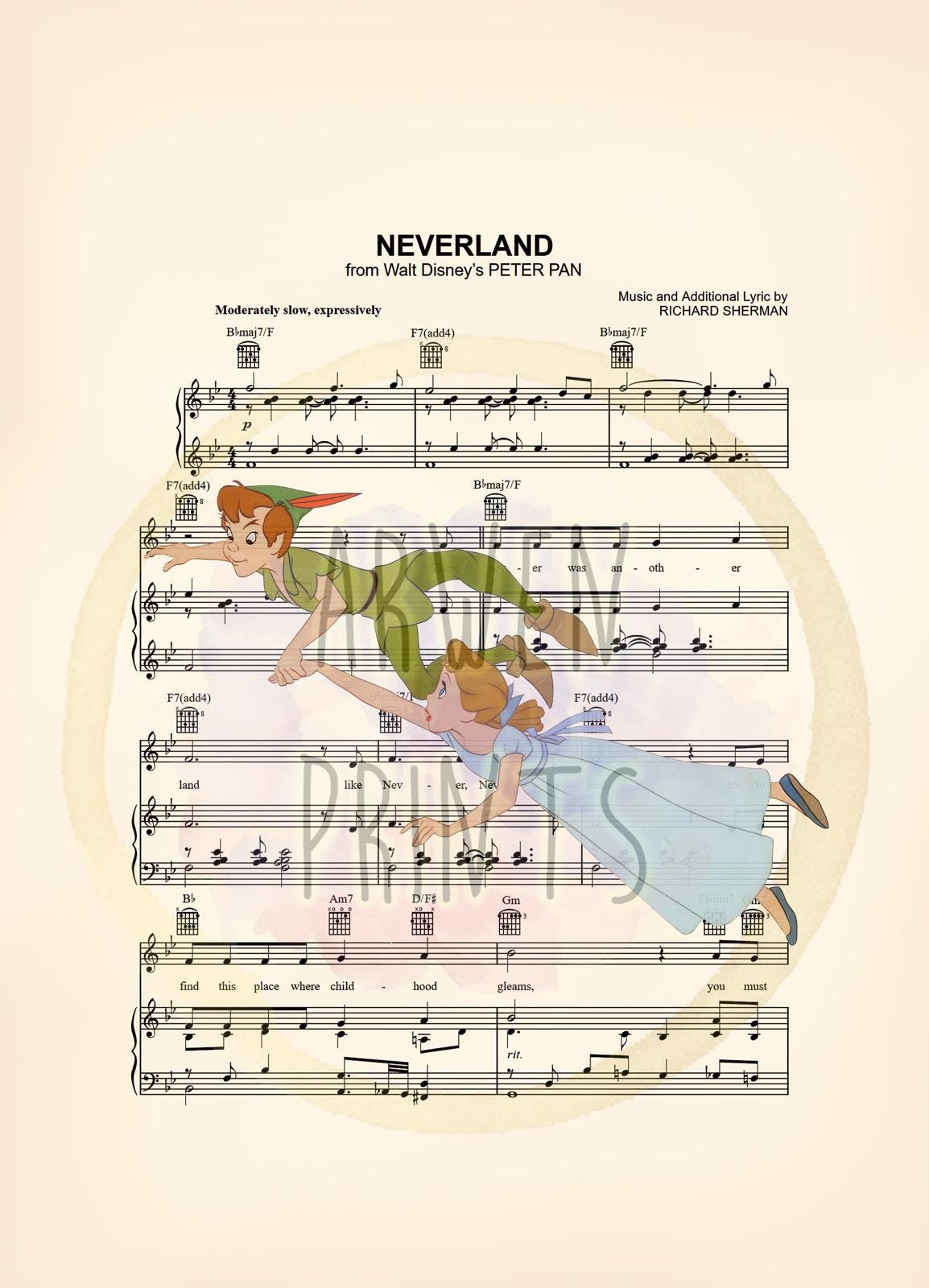 Peter Pan and Wendy Flying Neverland Sheet Music Art Print