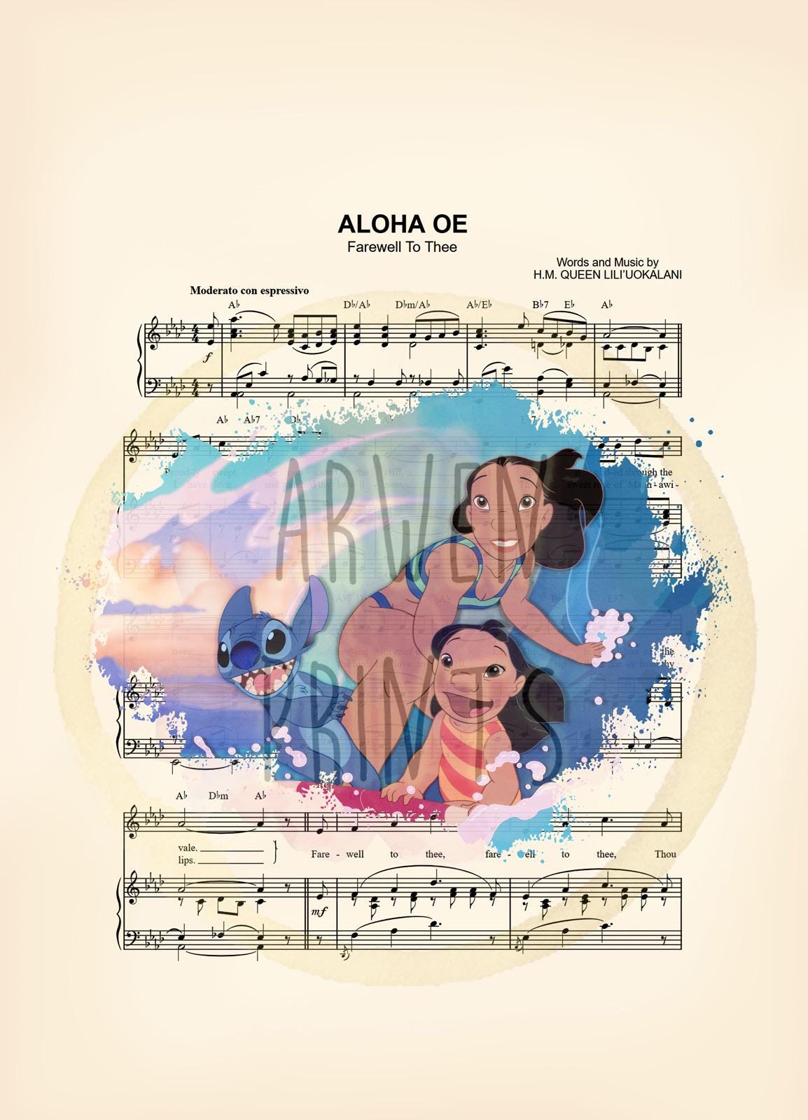 Lilo and Stitch and Nani Surf Aloha Oe Sheet Music Wall Art — Disney Gift for Music Lovers