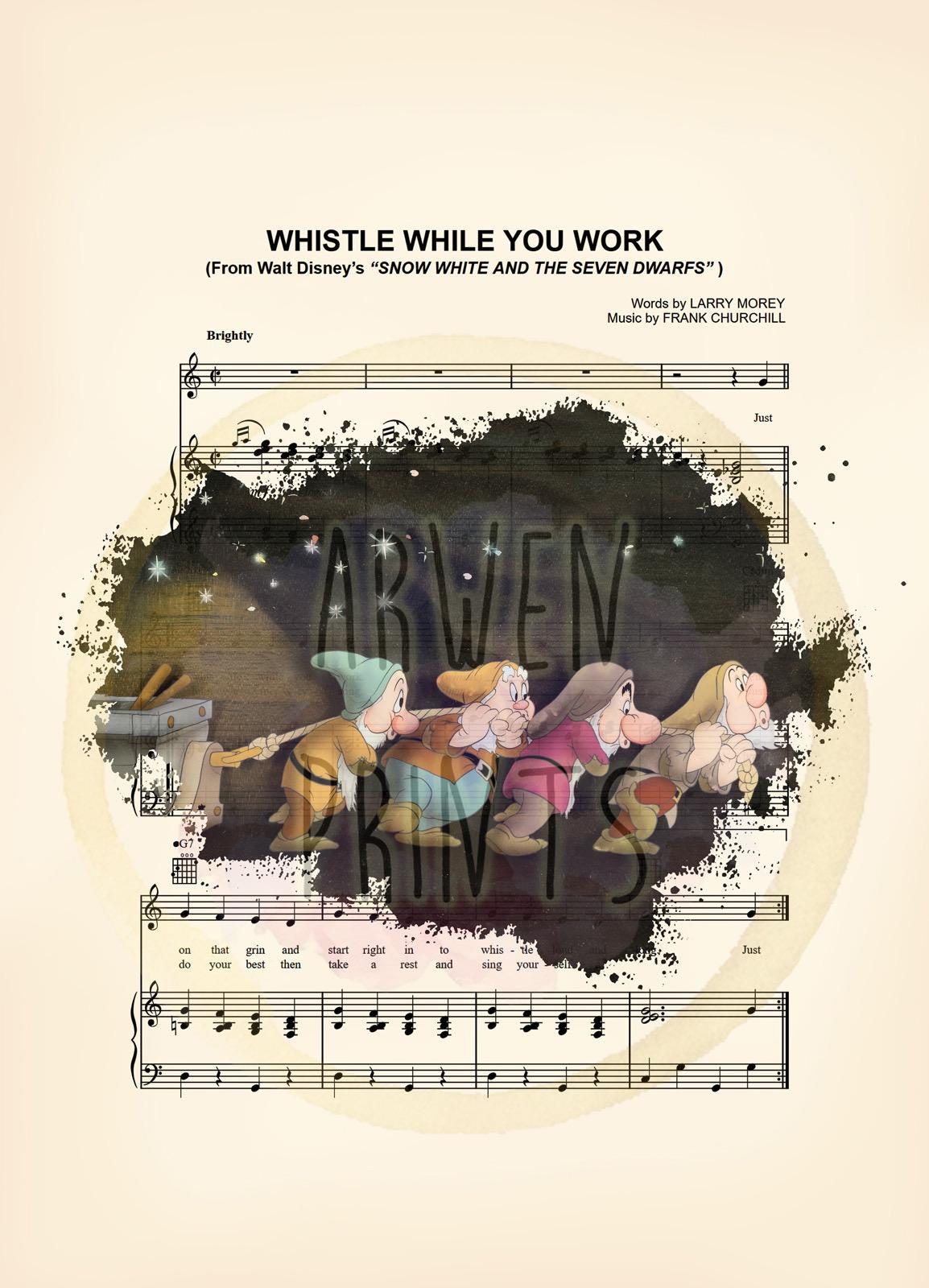 Snow White and the Seven Dwarfs in Gem Mine Sheet Music Art Print