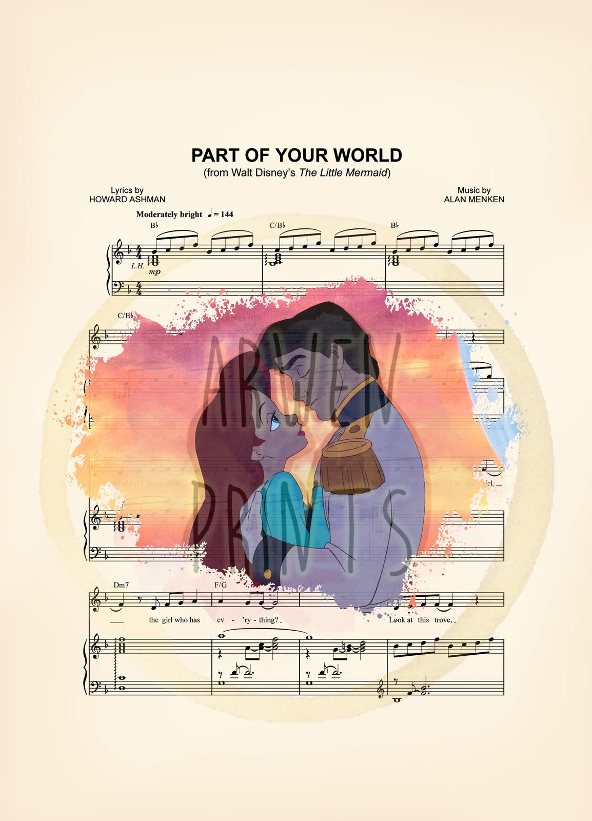 Little Mermaid Ariel and Eric Embrace Sheet Music Wall Art — Disney Gift for Music Lovers