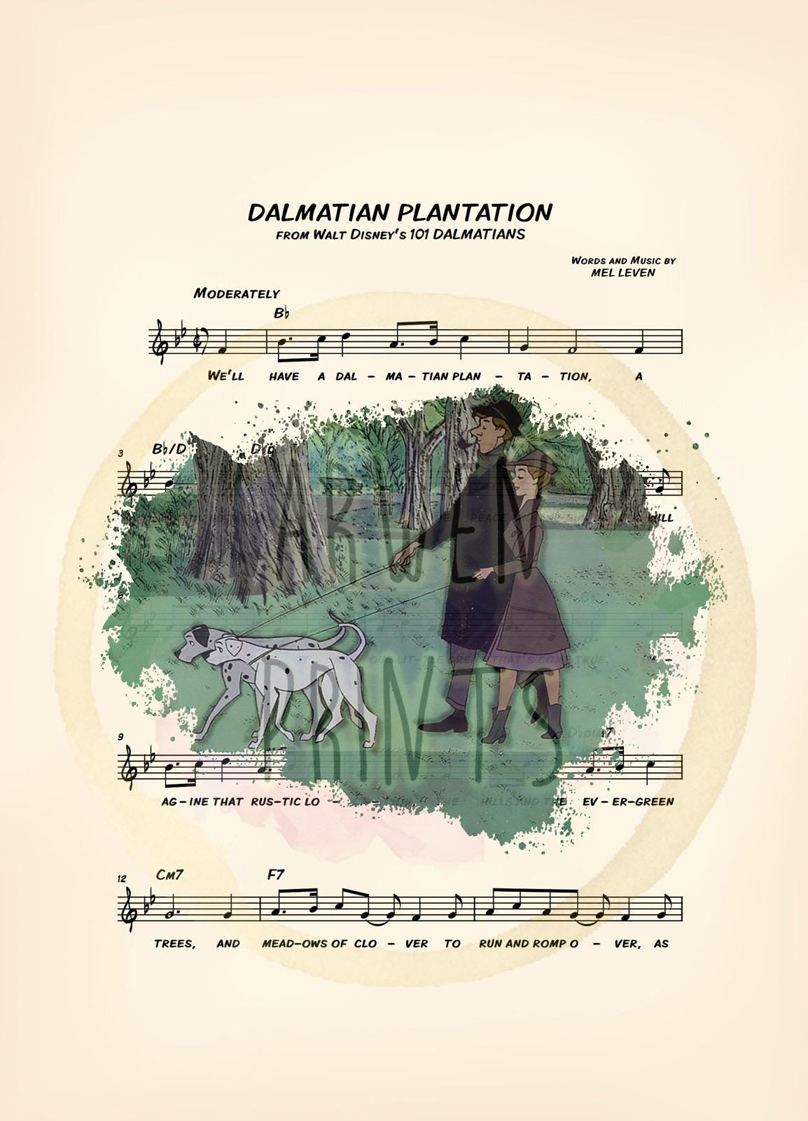 101 Dalmatians Roger, Anita, Pongo and Perdita Dalmatian Plantation Sheet Music Art Print