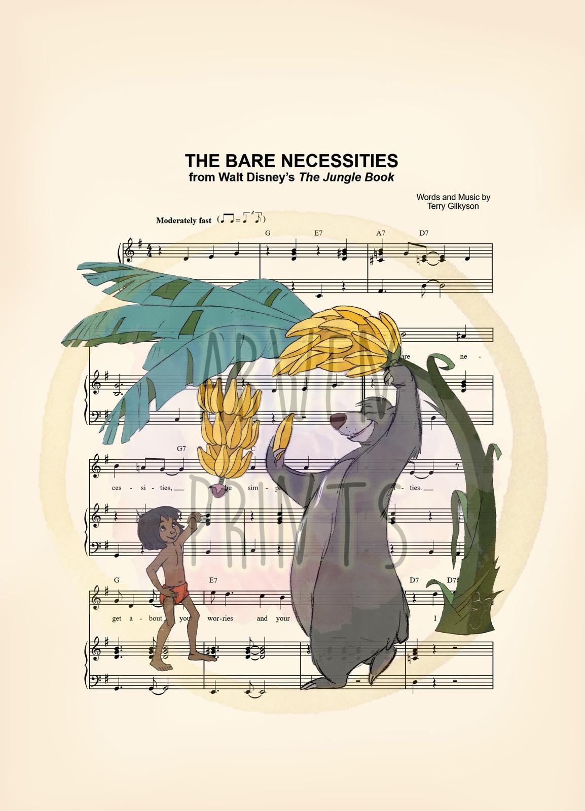 The Jungle Book Baloo and Mowgli Banana Tree The Bare Necessities Sheet Music Wall Art — Disney Gift for Music Lovers