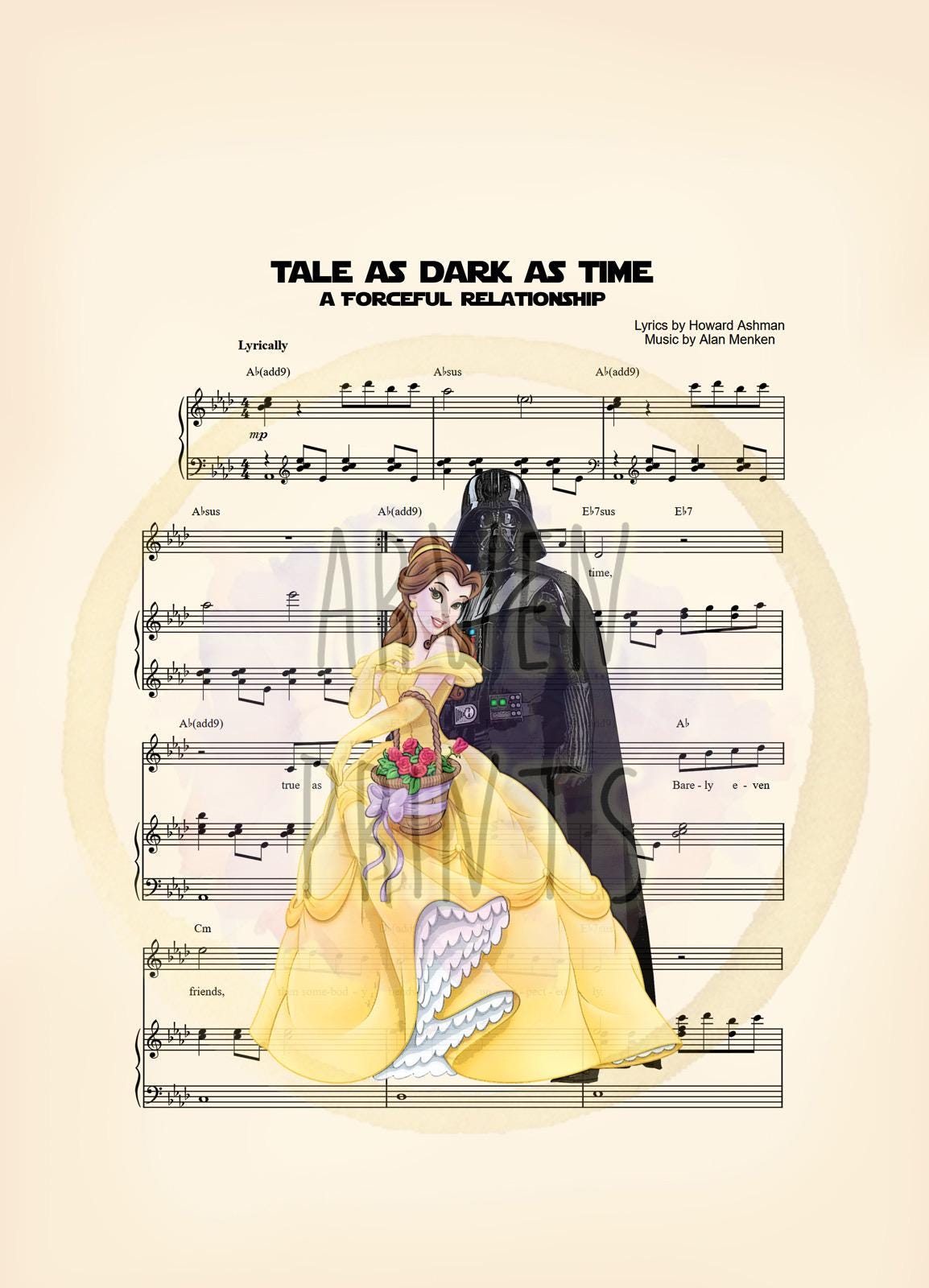 Beauty and the Beast Belle and Darth Vader Tale As Old As Time Sheet Music Art Print