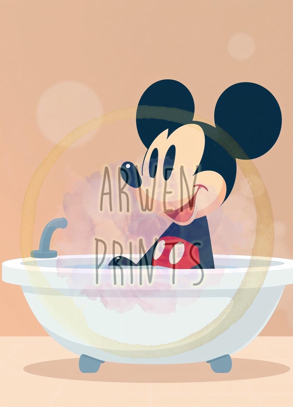 Mickey in Bathtub Modern Art Print, Disney Bathroom Wall Decor