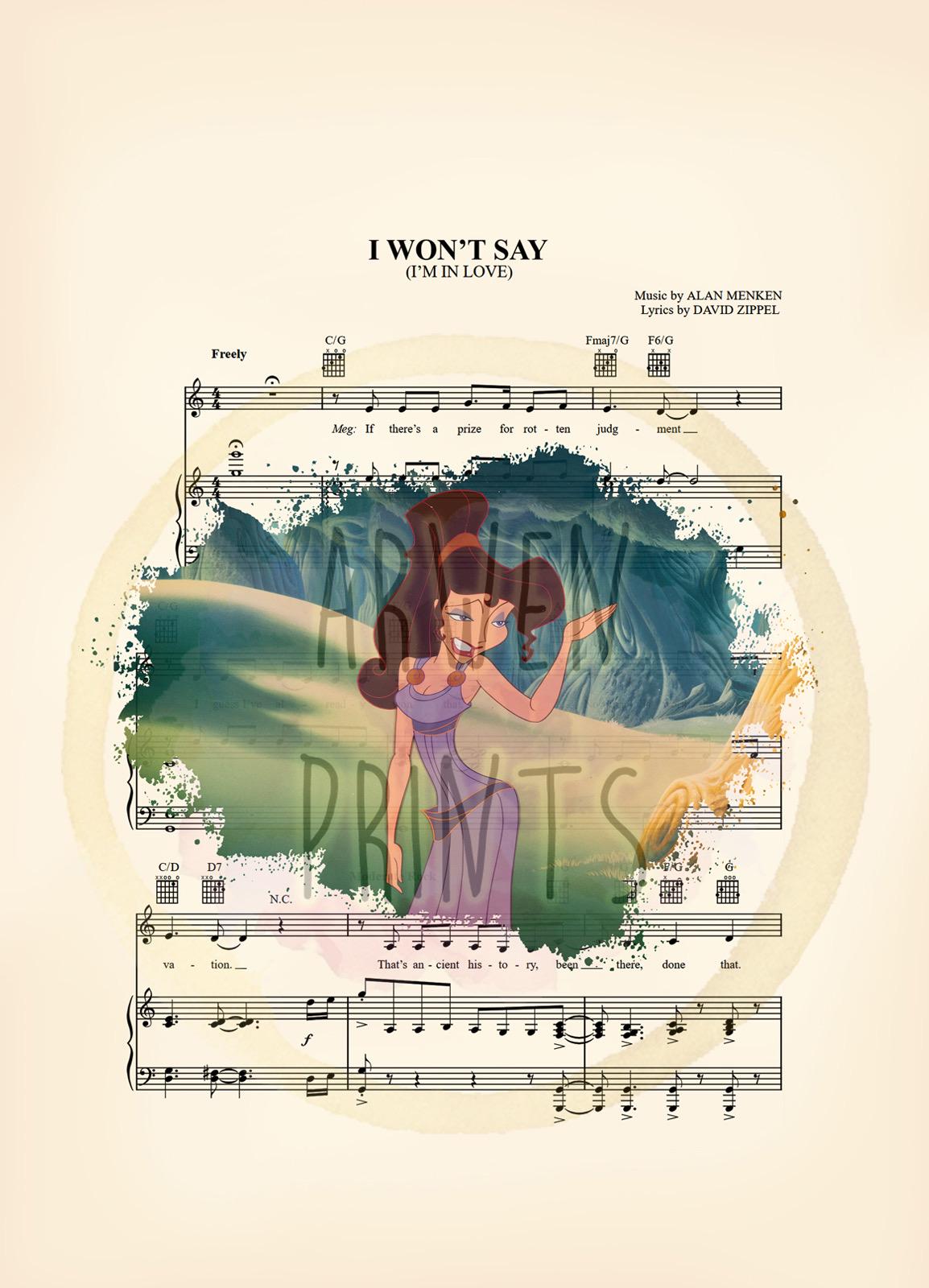 Hercules Meg Splatter I Won't Say I'm In Love Sheet Music Art Print