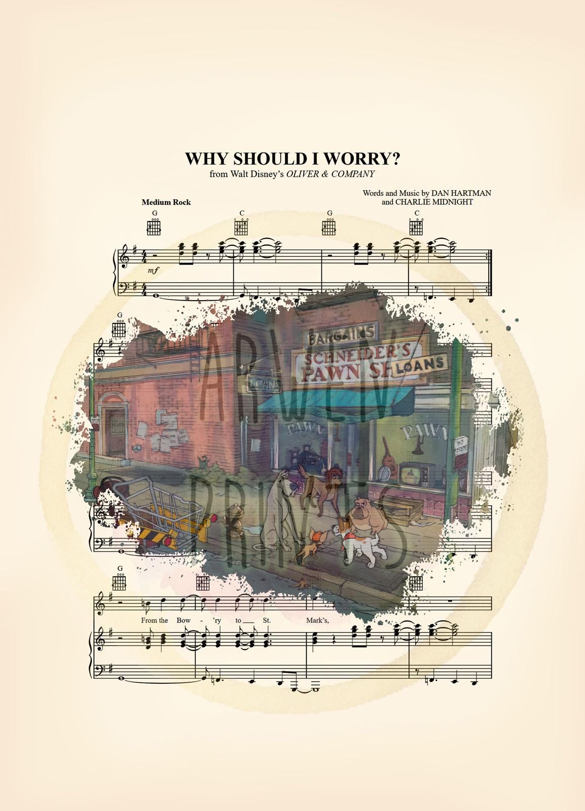 Oliver and Company Splatter Why Should I Worry Sheet Music Art Print