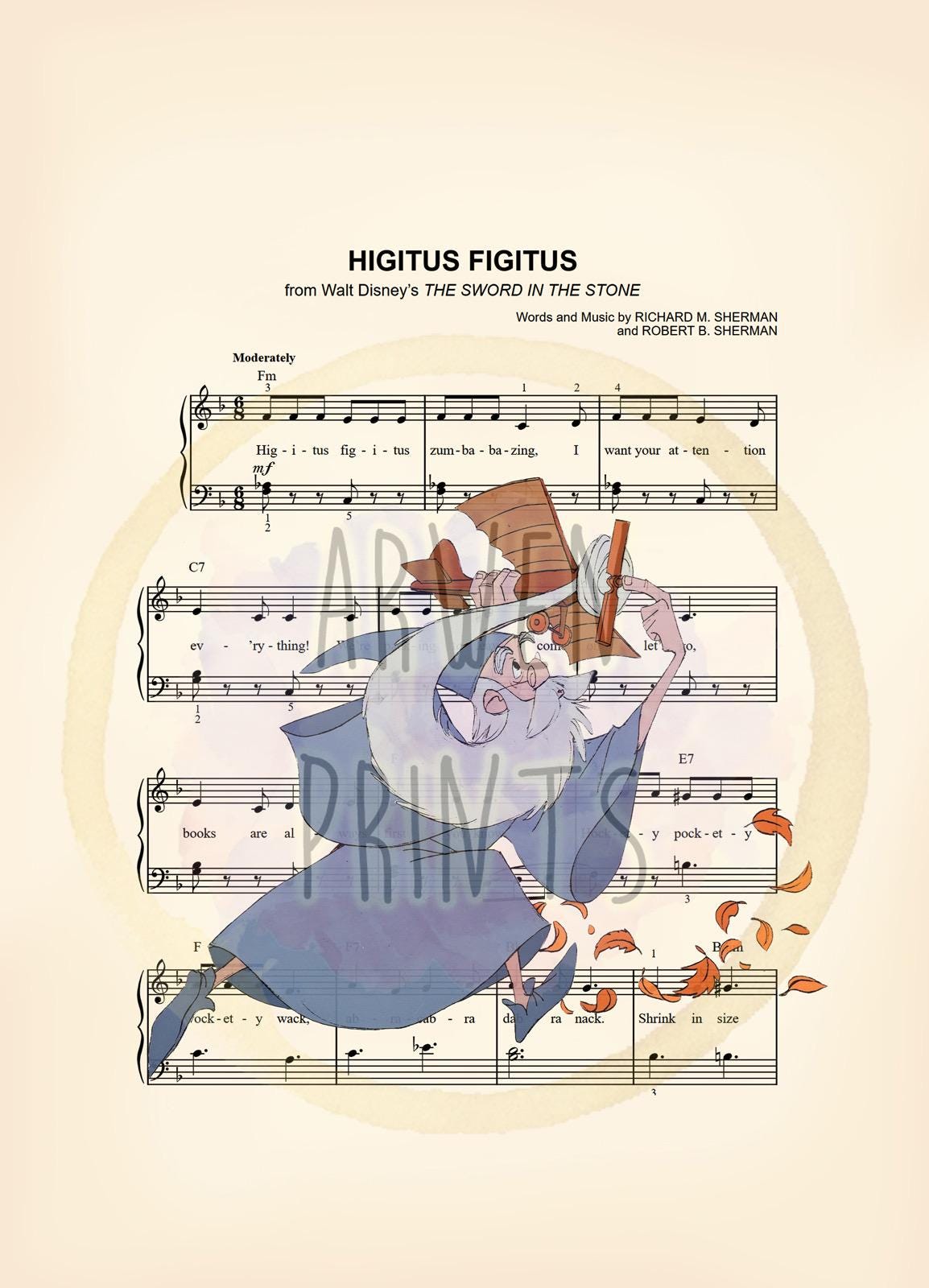 Sword in the Stone Merlin with Airplane Higitus Figitus Sheet Music Wall Art — Disney Gift for Music Lovers