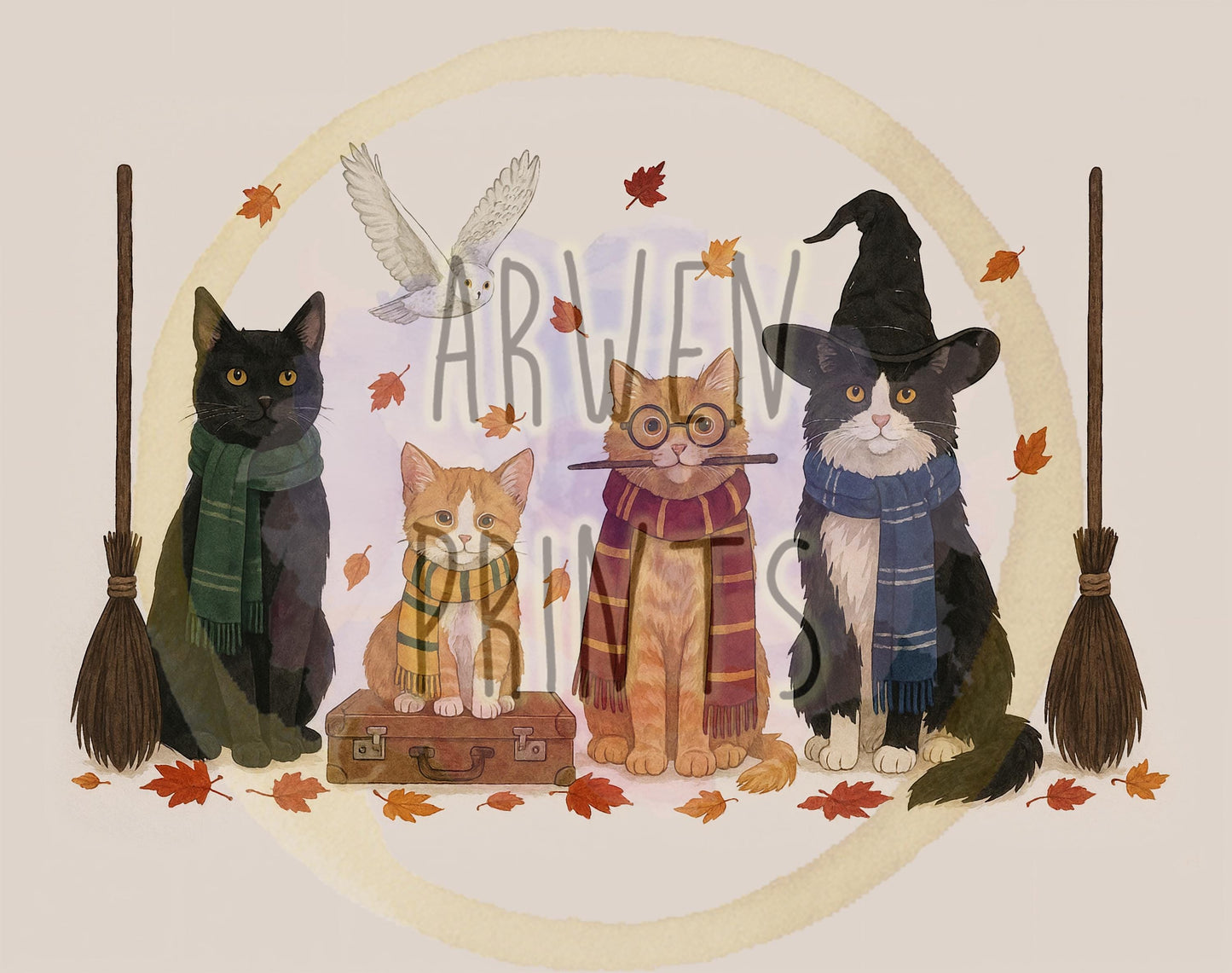 Magical Fall Cats Wall Art - Watercolor Autumn Print - Halloween Cat Decor - Halloween Art Print - Halloween Canvas - Halloween Cat Print