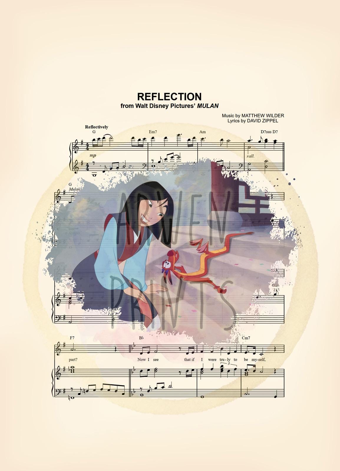 Mulan and Mushu Reflection Sheet Music Art Print
