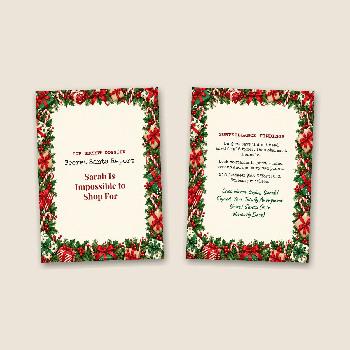 Secret Santa card cover and inside side by side