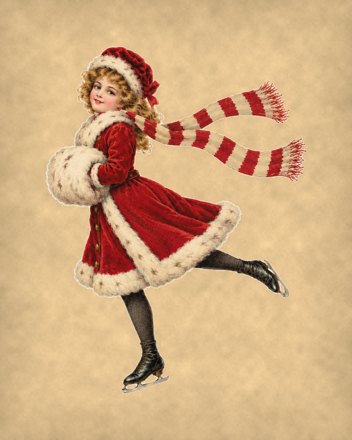 Vintage Christmas ice skater flat art on warm parchment