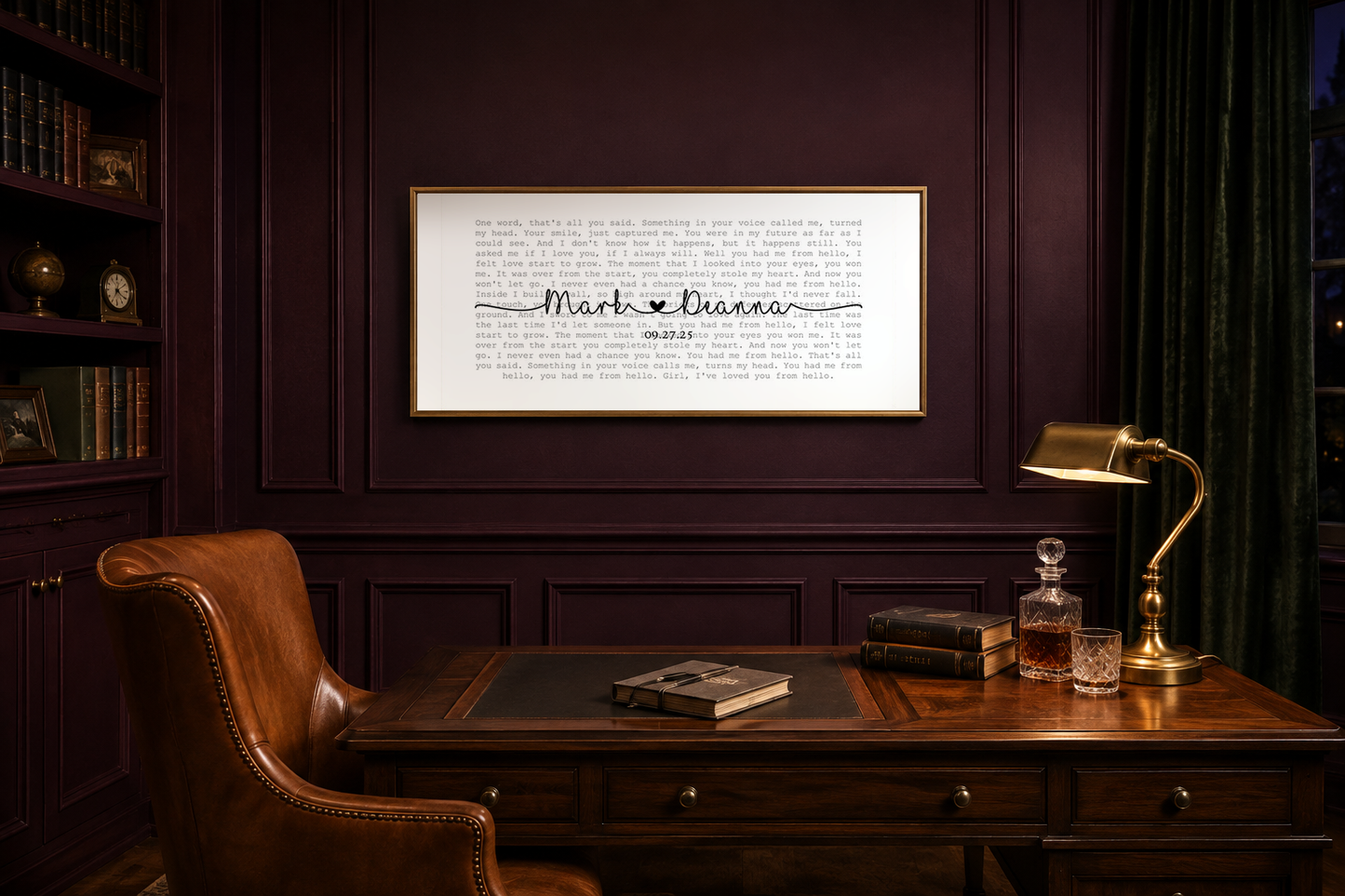 Anniversary song lyrics canvas in a gold frame in a plum panelled study with leather chair