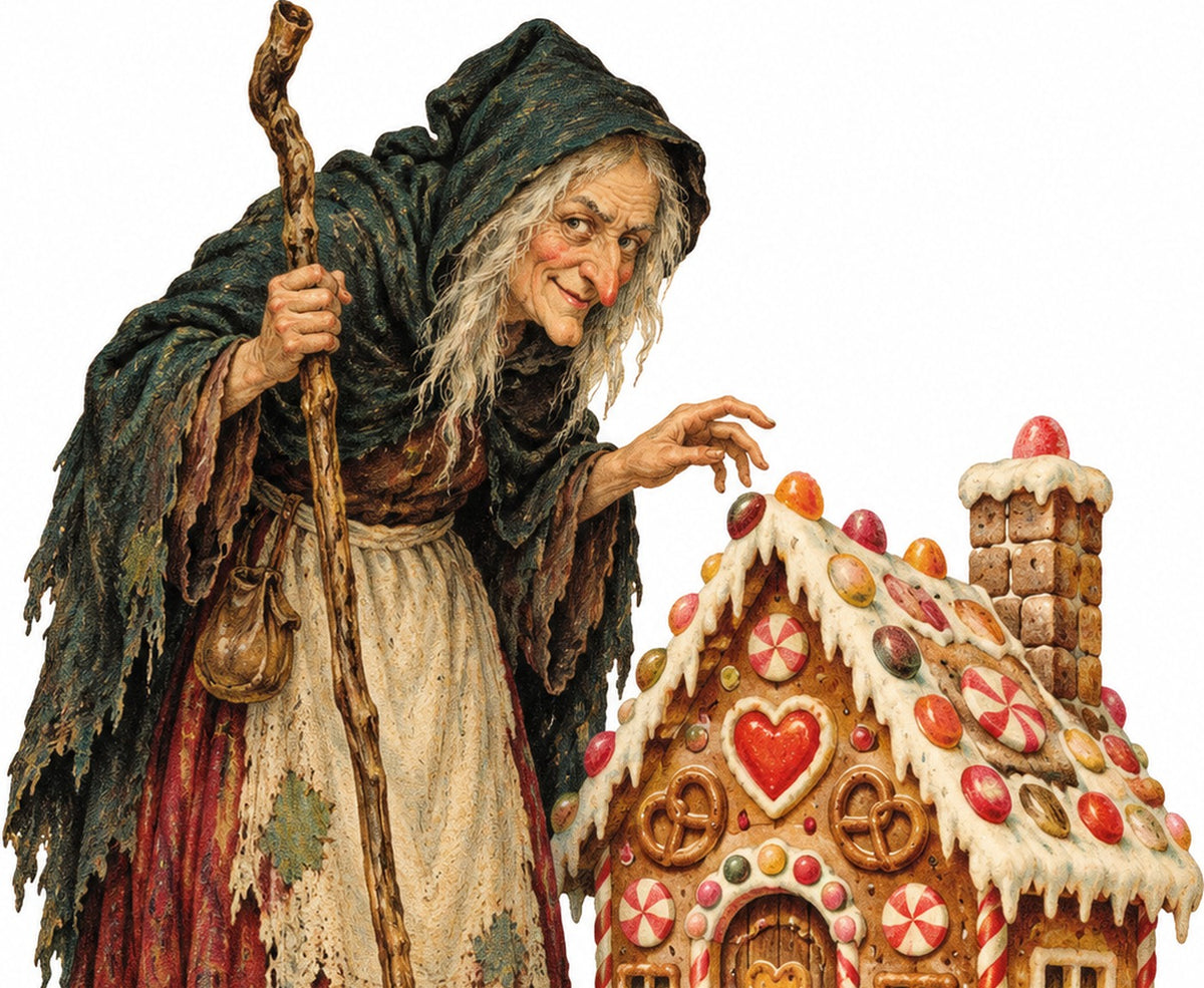 Detail of the gingerbread witch and candy cottage illustration