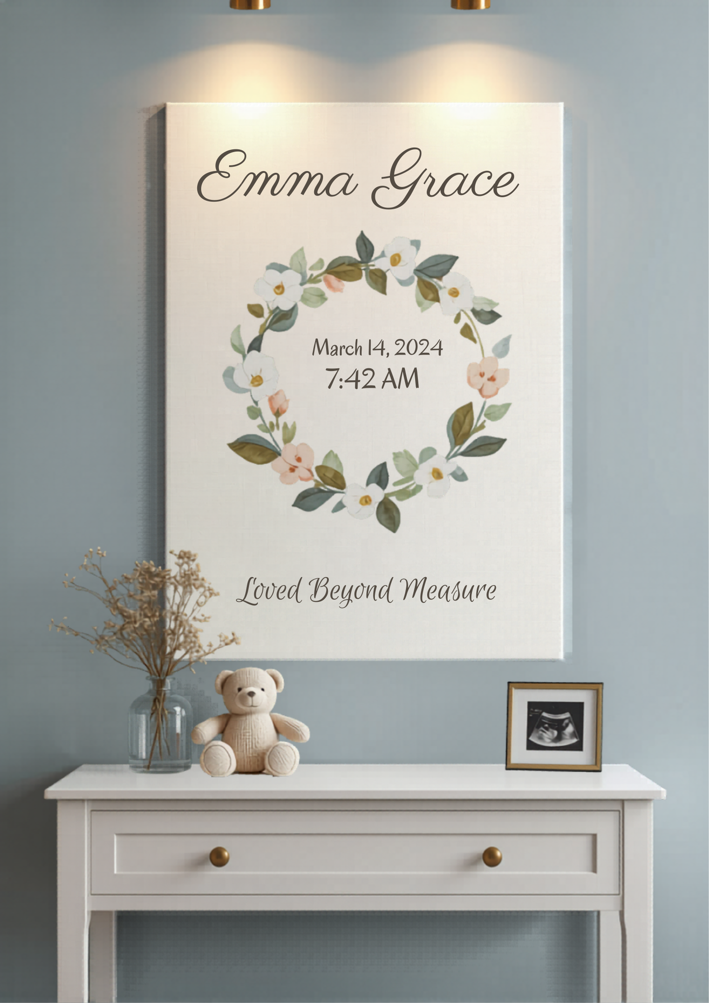 Custom baby birth stats nursery canvas with floral wreath