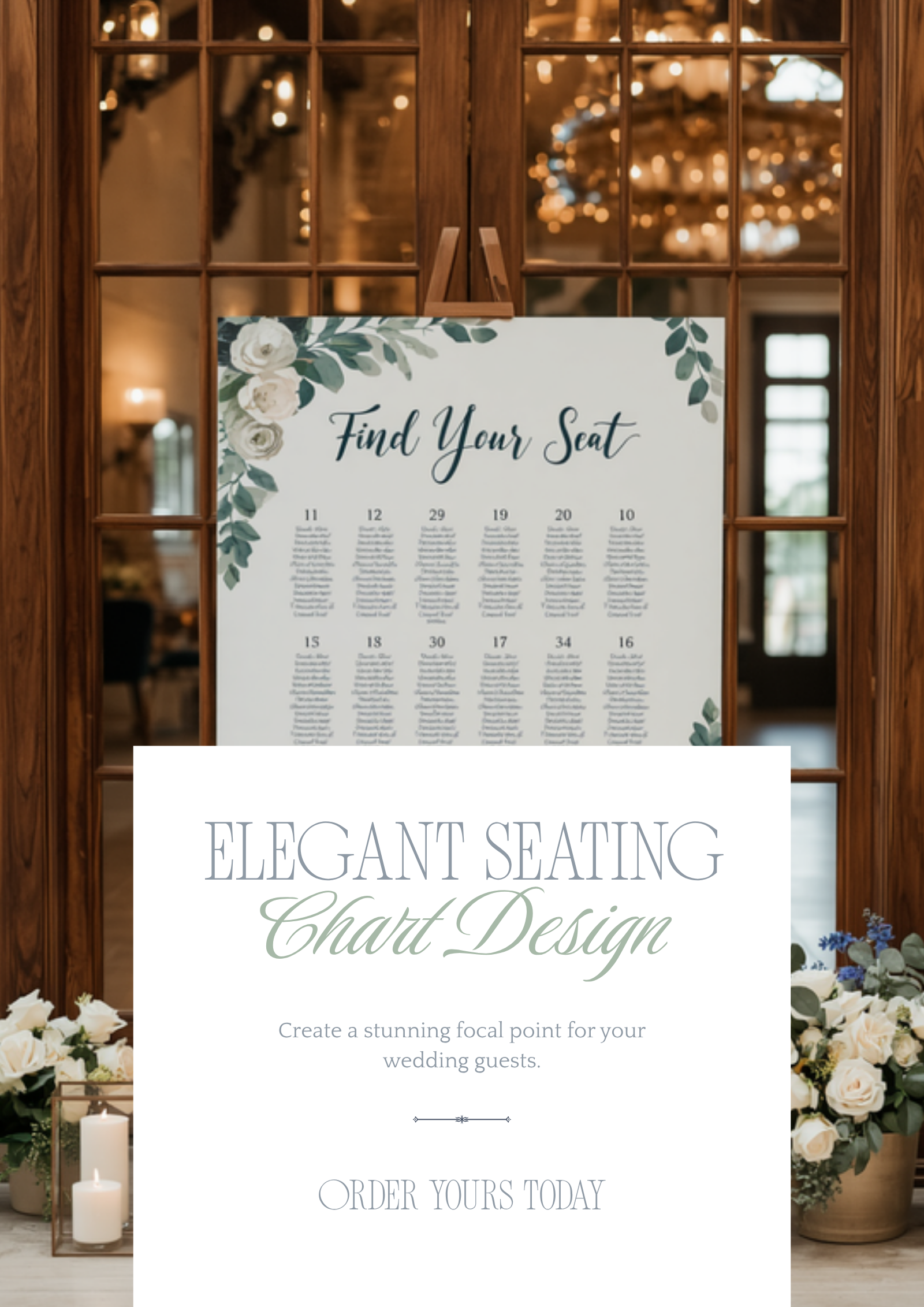Custom wedding seating chart canvas with elegant find your seat header