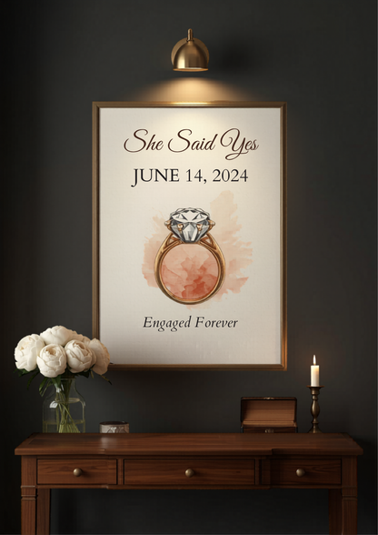 She Said Yes engagement date canvas with vintage diamond ring illustration