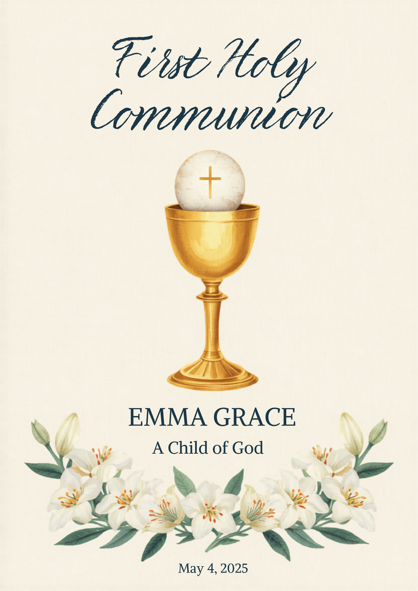 First Holy Communion Catholic canvas with chalice and lilies