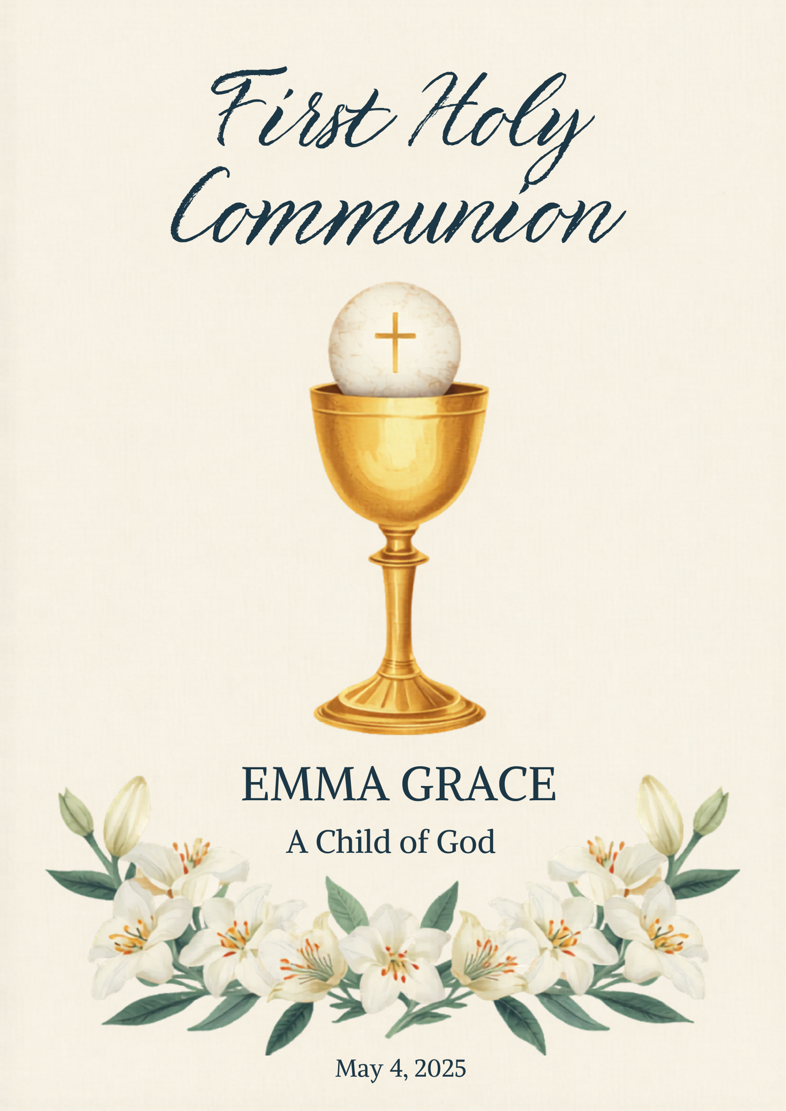 First Holy Communion Catholic canvas with chalice and lilies