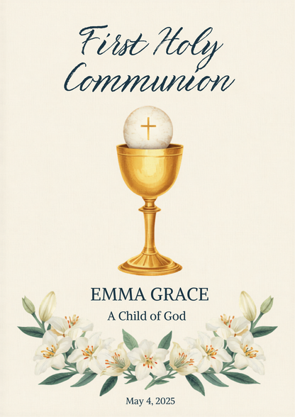 First Holy Communion Catholic canvas with chalice and lilies
