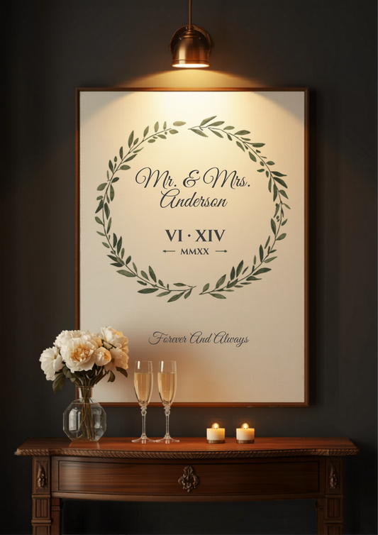 Custom anniversary Roman numerals Mr and Mrs canvas with olive wreath