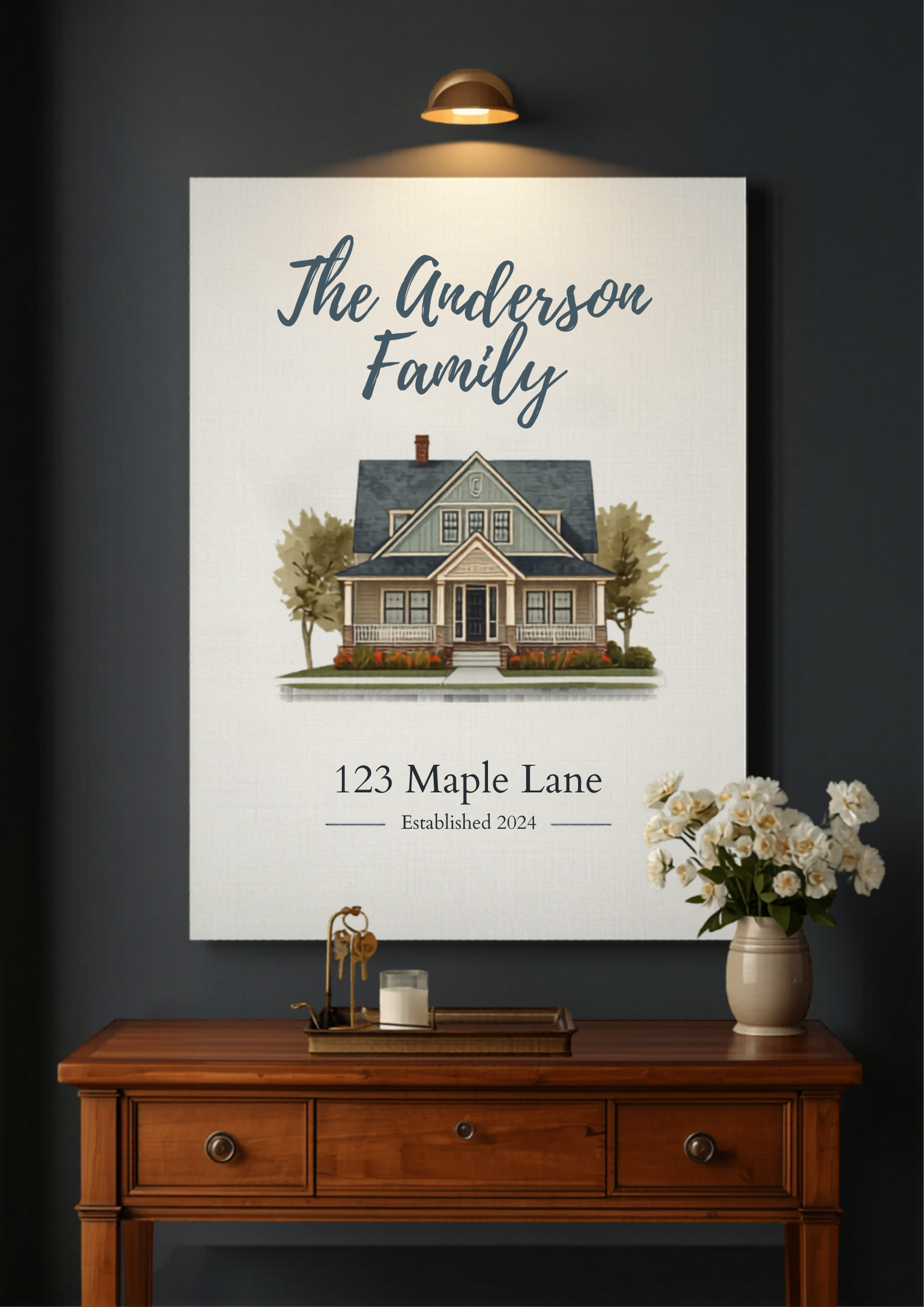 Custom new home address canvas with family name and Craftsman home illustration