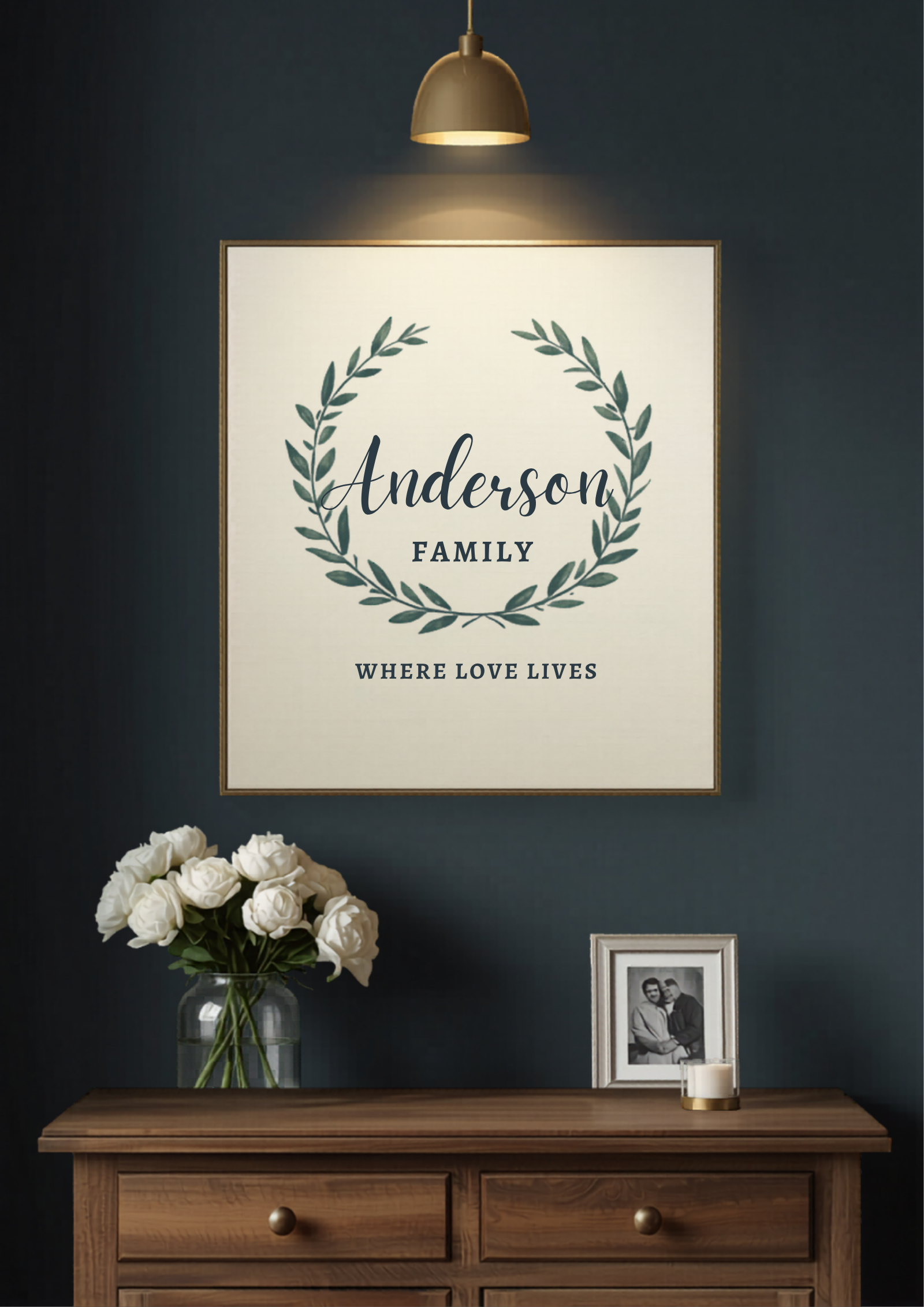 Custom family last name established year canvas with olive wreath