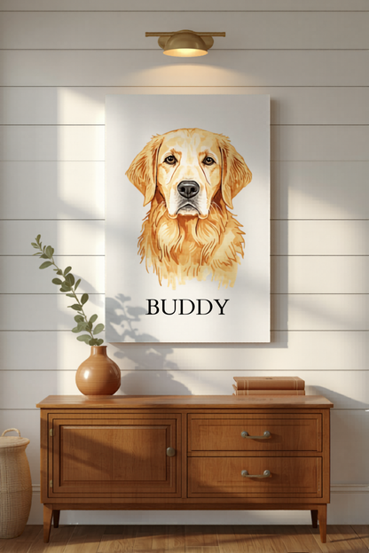 Custom watercolor pet portrait canvas Buddy cozy living room elegant mockup hand-painted dog gift premium