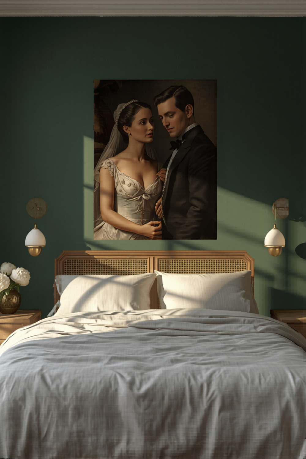 Custom Wedding Oil Painting from Photo Canvas premium gallery wrapped bride groom portrait sophisticated bedroom mockup