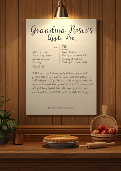 Custom handwritten family recipe heirloom kitchen canvas