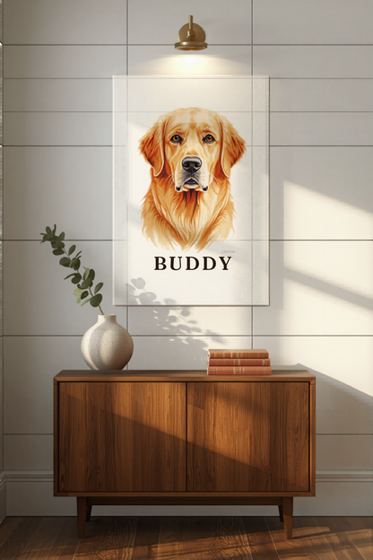 Custom watercolor pet portrait canvas Buddy sunlit living room styled mockup hand-painted style premium gallery wrapped