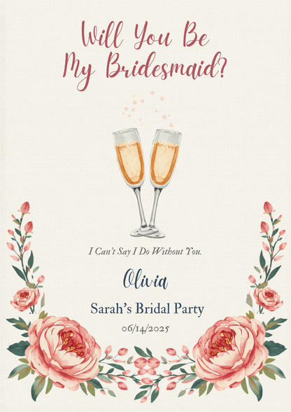 Will You Be My Bridesmaid champagne flutes proposal canvas
