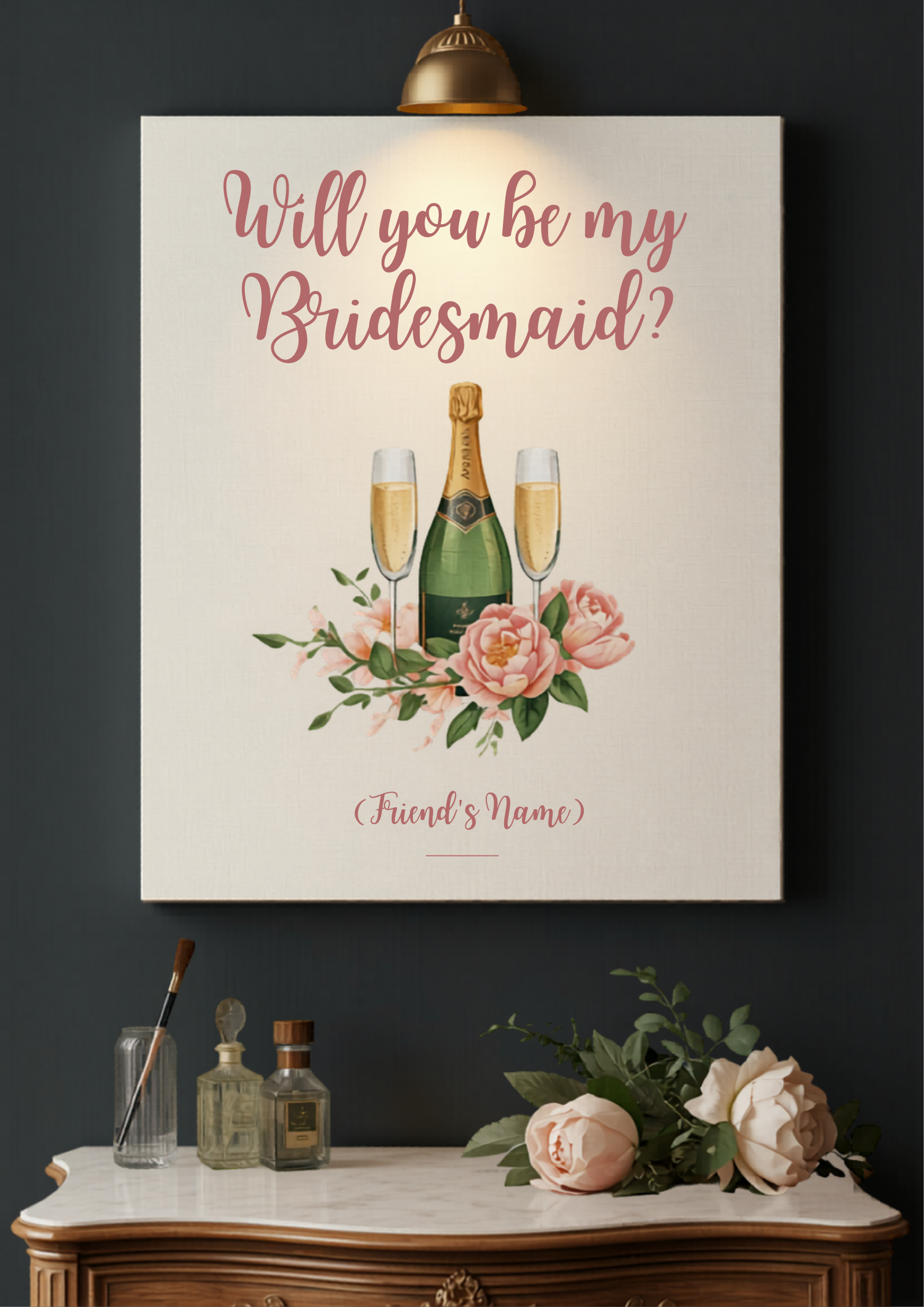 Will you be my bridesmaid proposal canvas with champagne illustration