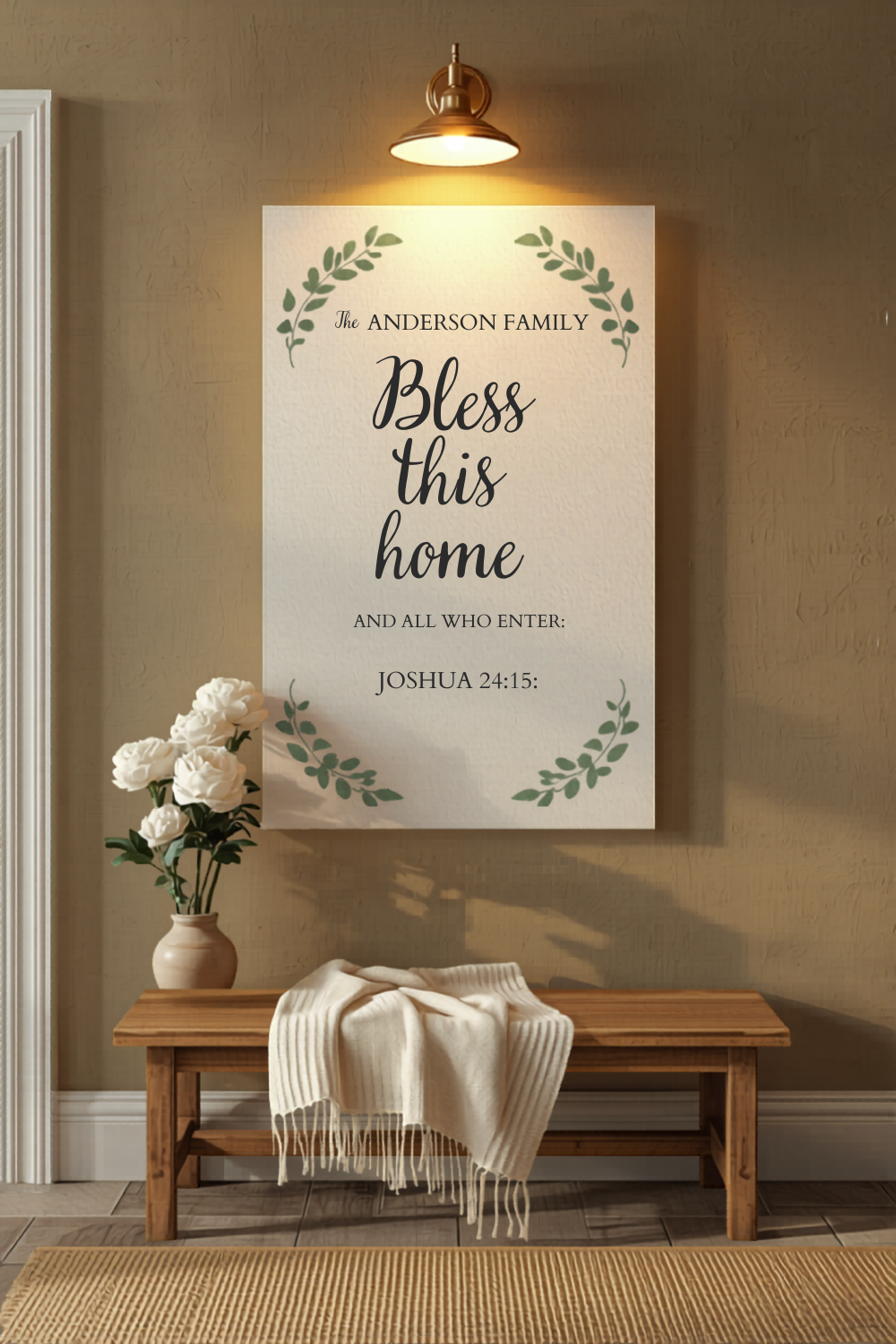 Custom personalized Bible verse sign canvas family name established Christian wall art watercolor olive branches premium