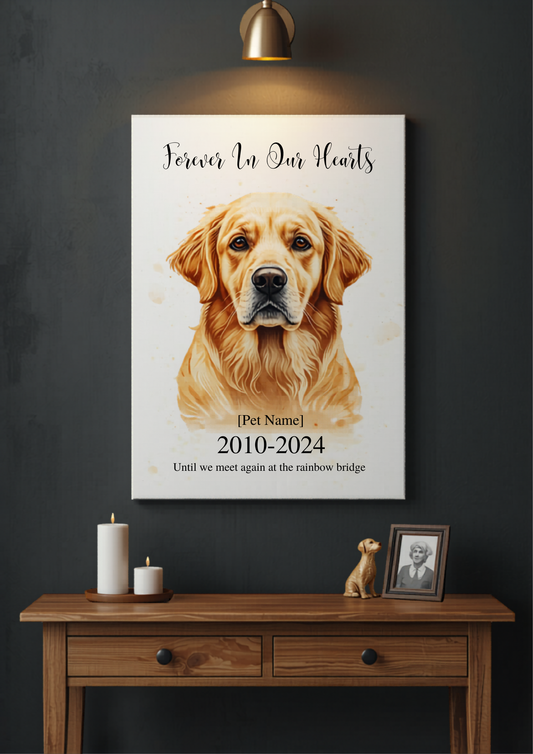 Custom pet memorial canvas with watercolor dog portrait and forever in our hearts script
