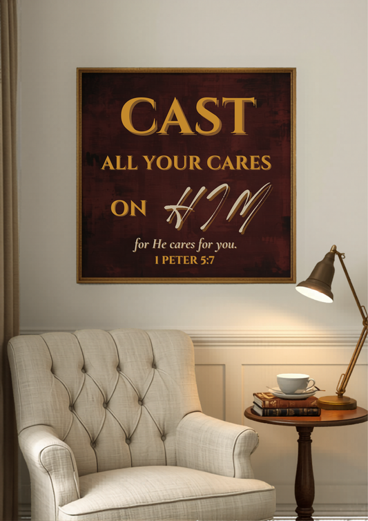 Cast All Your Cares On Him For He Cares For You — 1 Peter 5:7 Christian Bible Verse Canvas Wall Art by AmourPrint