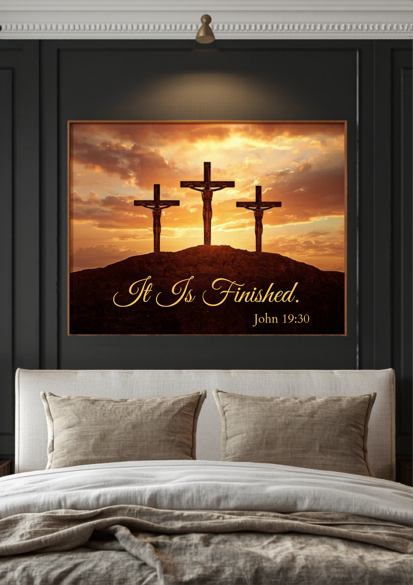 It Is Finished Three Crosses Calvary Sunrise — John 19:30 Christian Easter Bible Verse Canvas Wall Art by AmourPrint