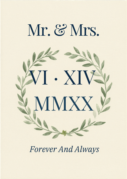 Custom Roman numeral anniversary Mr Mrs wedding date canvas