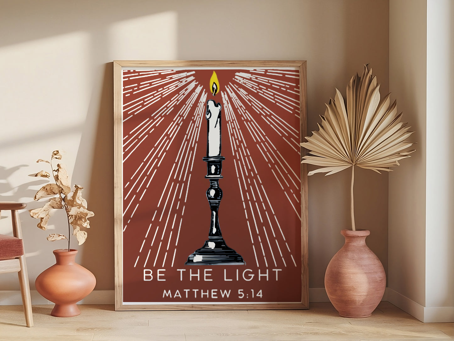 Be the Light Matthew 5:14 Art - Christian Candle Graphic Wall art, Light of the World Bible Verse Art for Youth and Adults