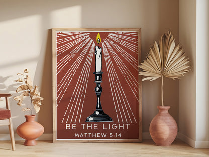 Be the Light Matthew 5:14 Art - Christian Candle Graphic Wall art, Light of the World Bible Verse Art for Youth and Adults